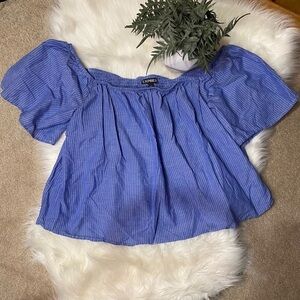 Express: Smocked Striped Off‎ The Shoulder Flowy Top Blouse Shirt Blue Large